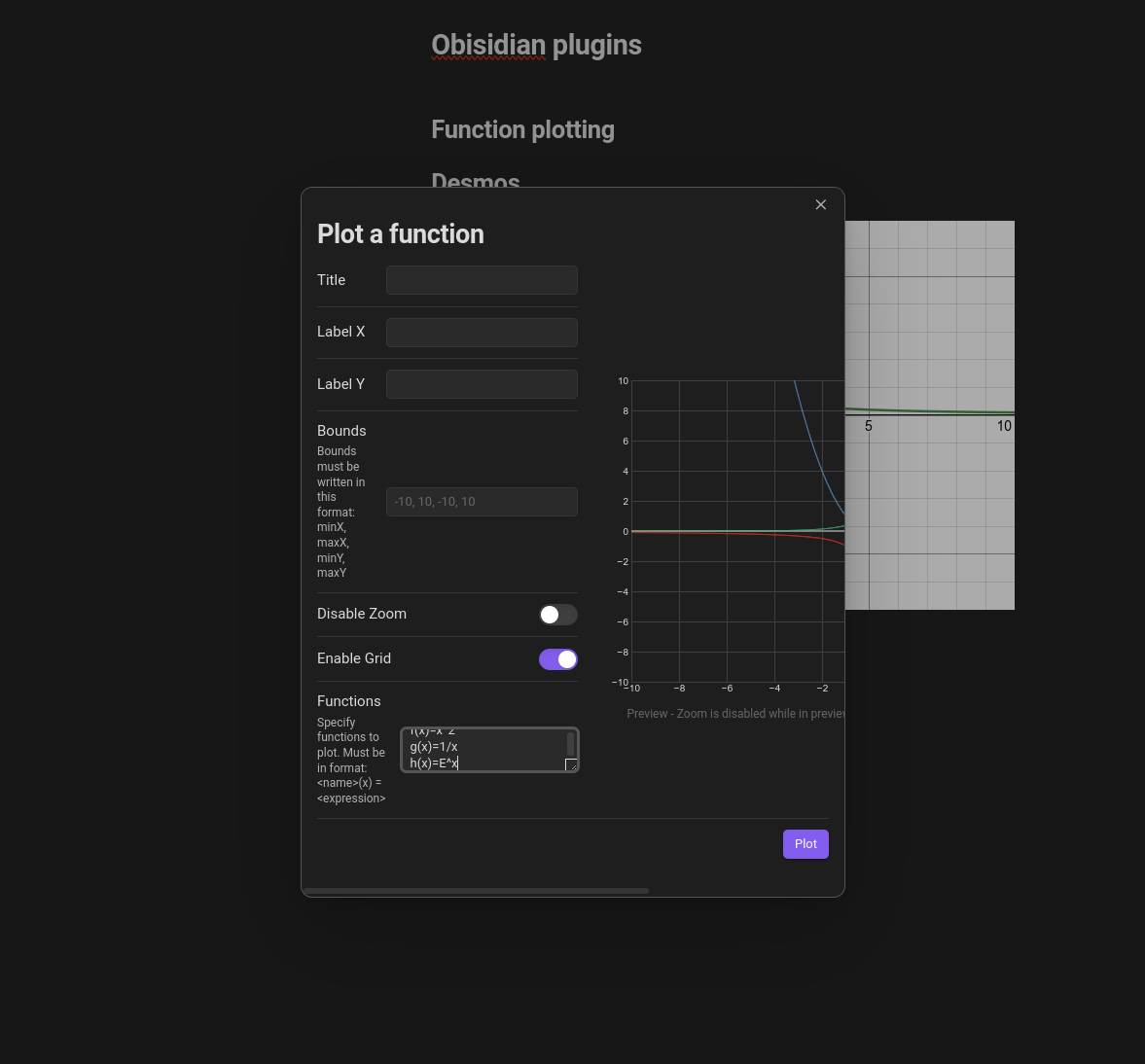 Obsidian Functionplot dialog